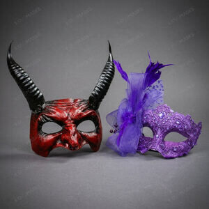 Red Devil Horn Demon Mask & Purple Feather Lace Masquerade Couple Mask Set
